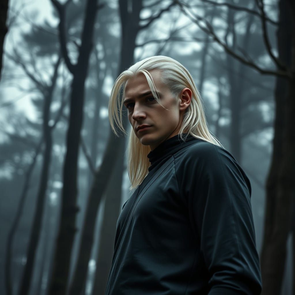 Elegant Wizard Lost in Thought in the Misty Woods