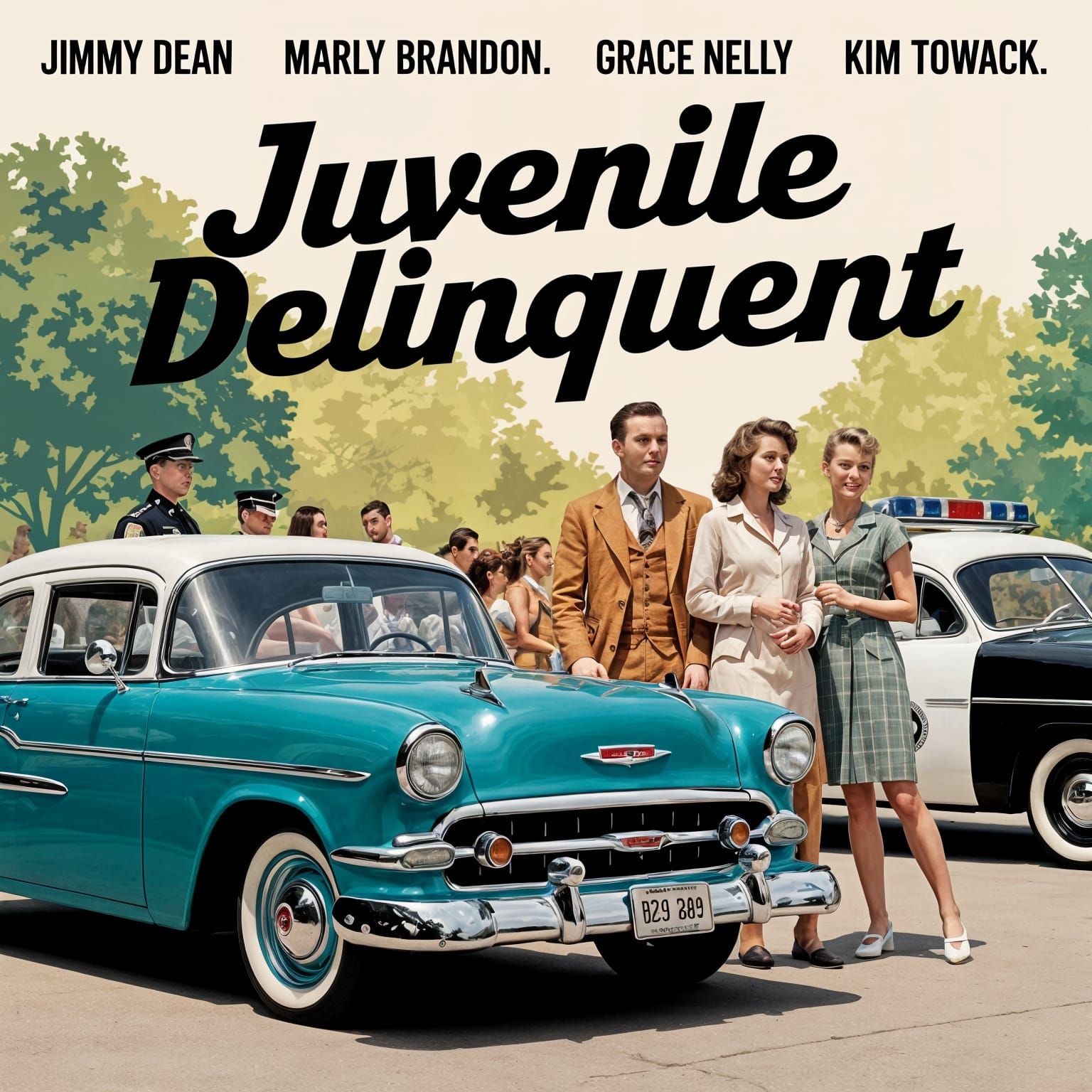 1954 Bel Air with Youths in Retro Movie Poster