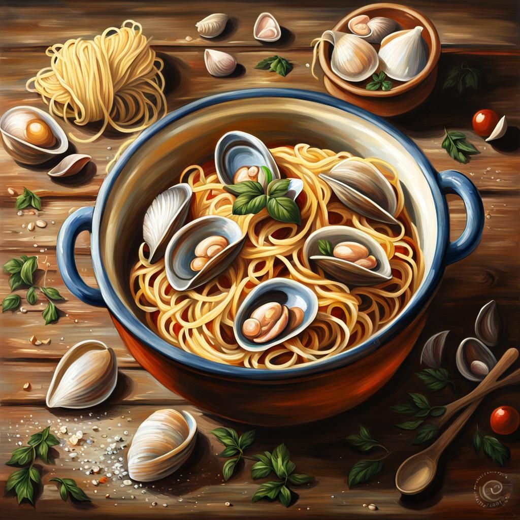 Appetizing Spaghetti alle Vongole Oil Painting