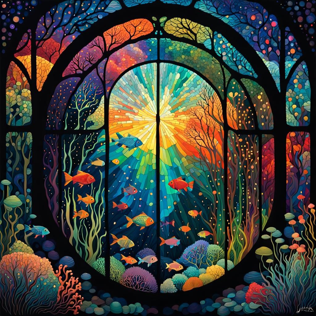 Iridescent Fish in Underwater Greenhouse, Digital Art