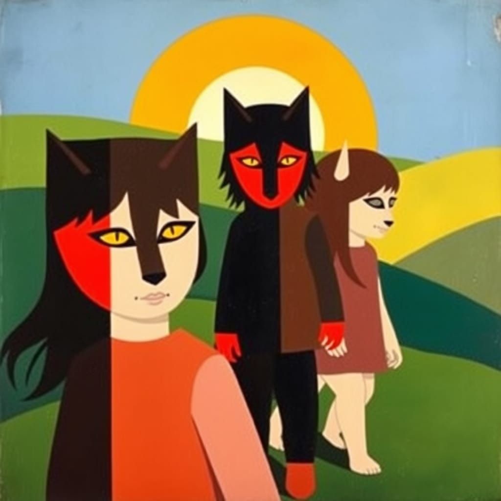 Human children with wolf red and wolf yellow eyes wandering ...
