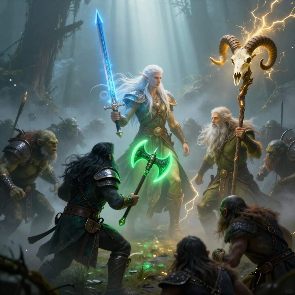Elf, Dwarf, and Druid Battle Orc Horde