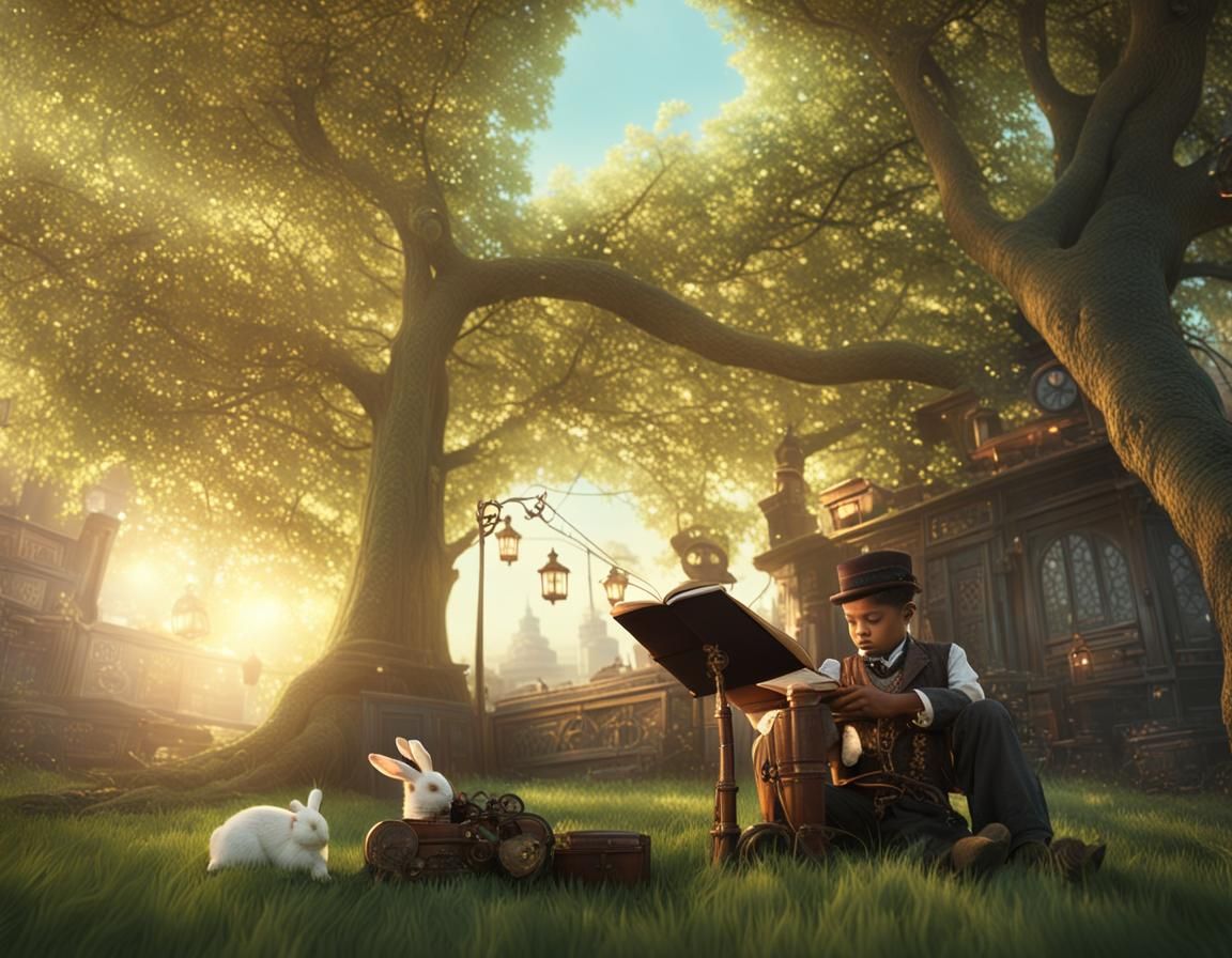 Steampunk Muslim Boy Reads Koran with Rabbit