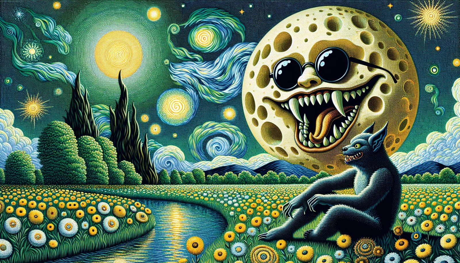 Anthropomorphic Moon Landscape in Pointillism Style