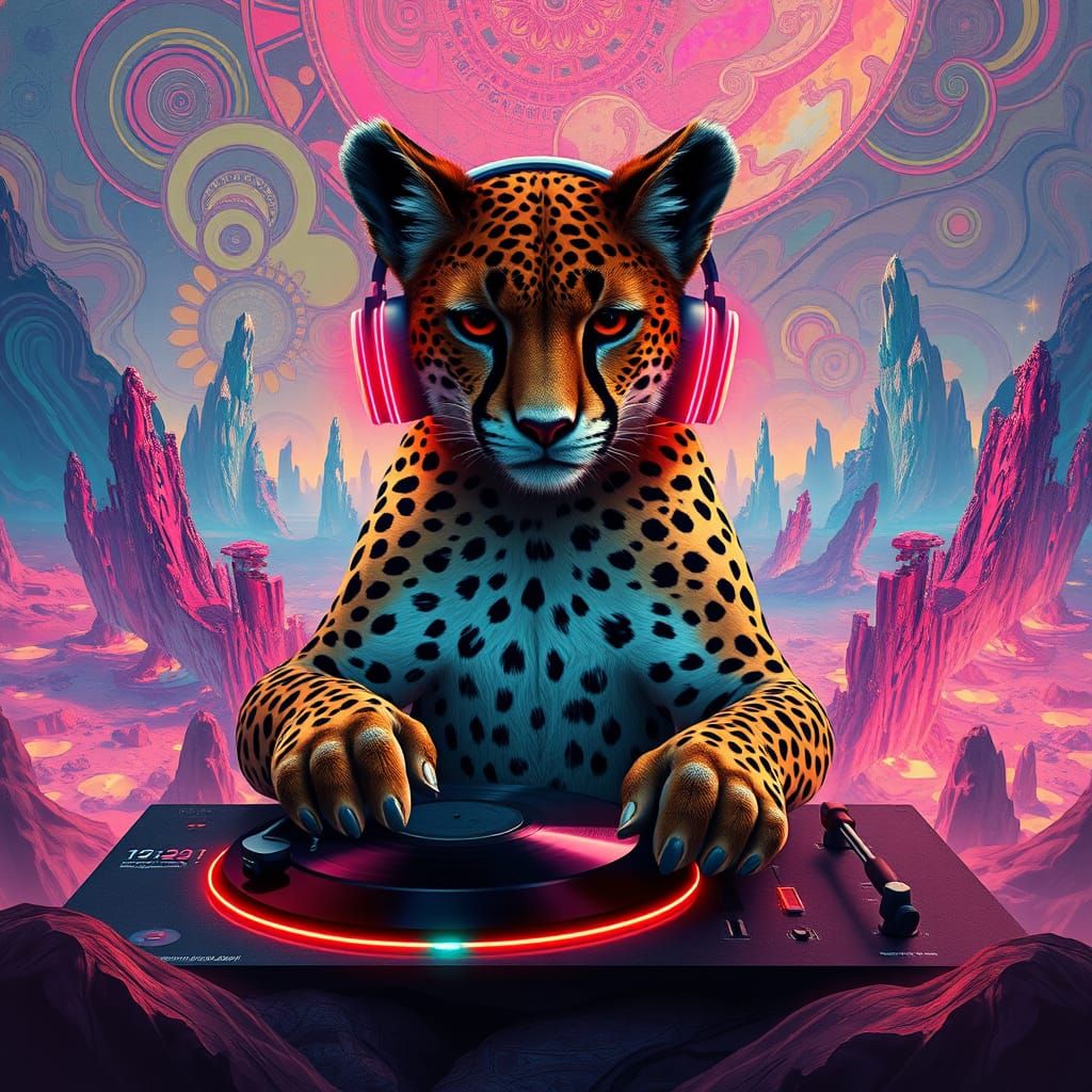 Surreal Cheetah DJ in a Futuristic, Dreamlike Landscape