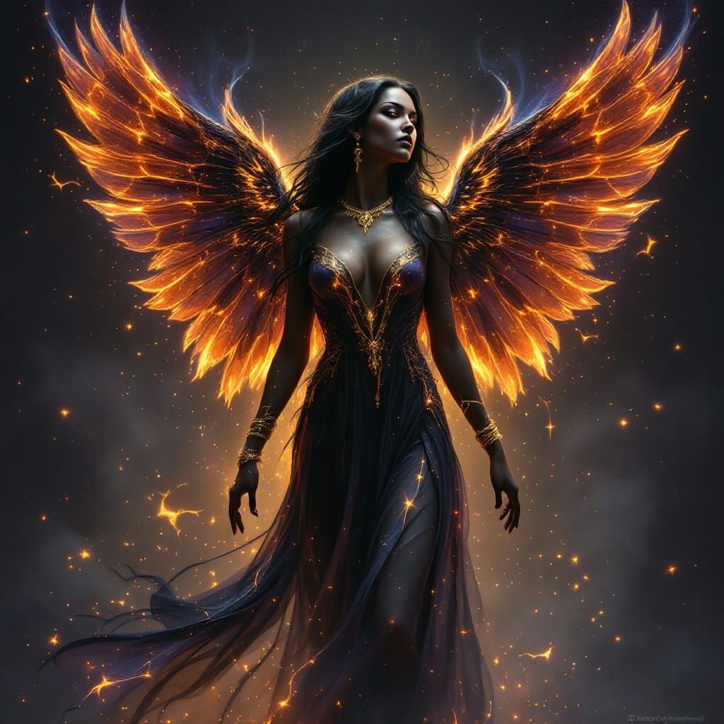 Midnight Angel with Iridescent Wings in Dark Fantasy Style