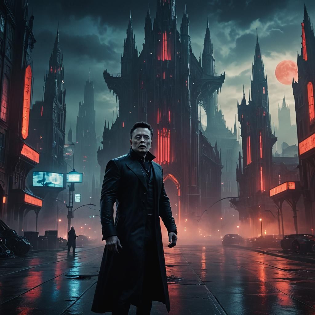 Elon Musk as Dracula in Cyberpunk Cityscape