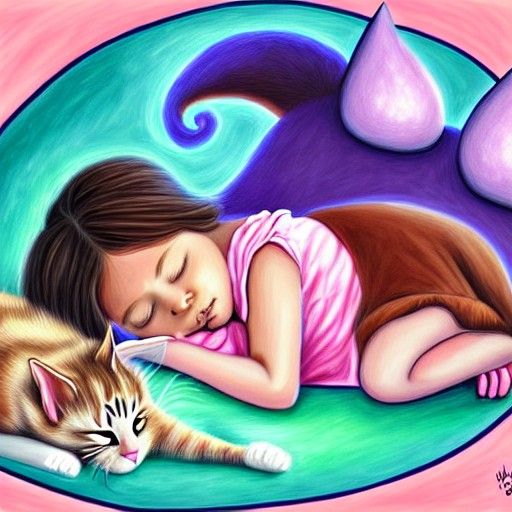 Little Girl Napping with Magical Cat