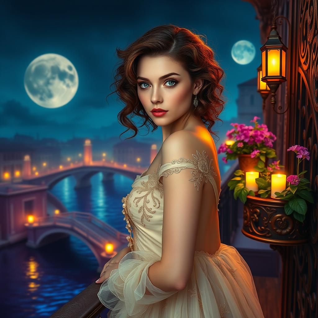 Venetian Dream: Woman on Balcony in Art Nouveau Style