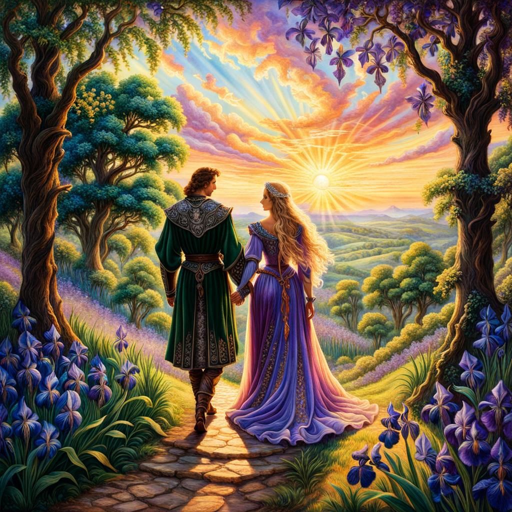 Medieval Couple in Sunset Tapestry with Iris Tree
