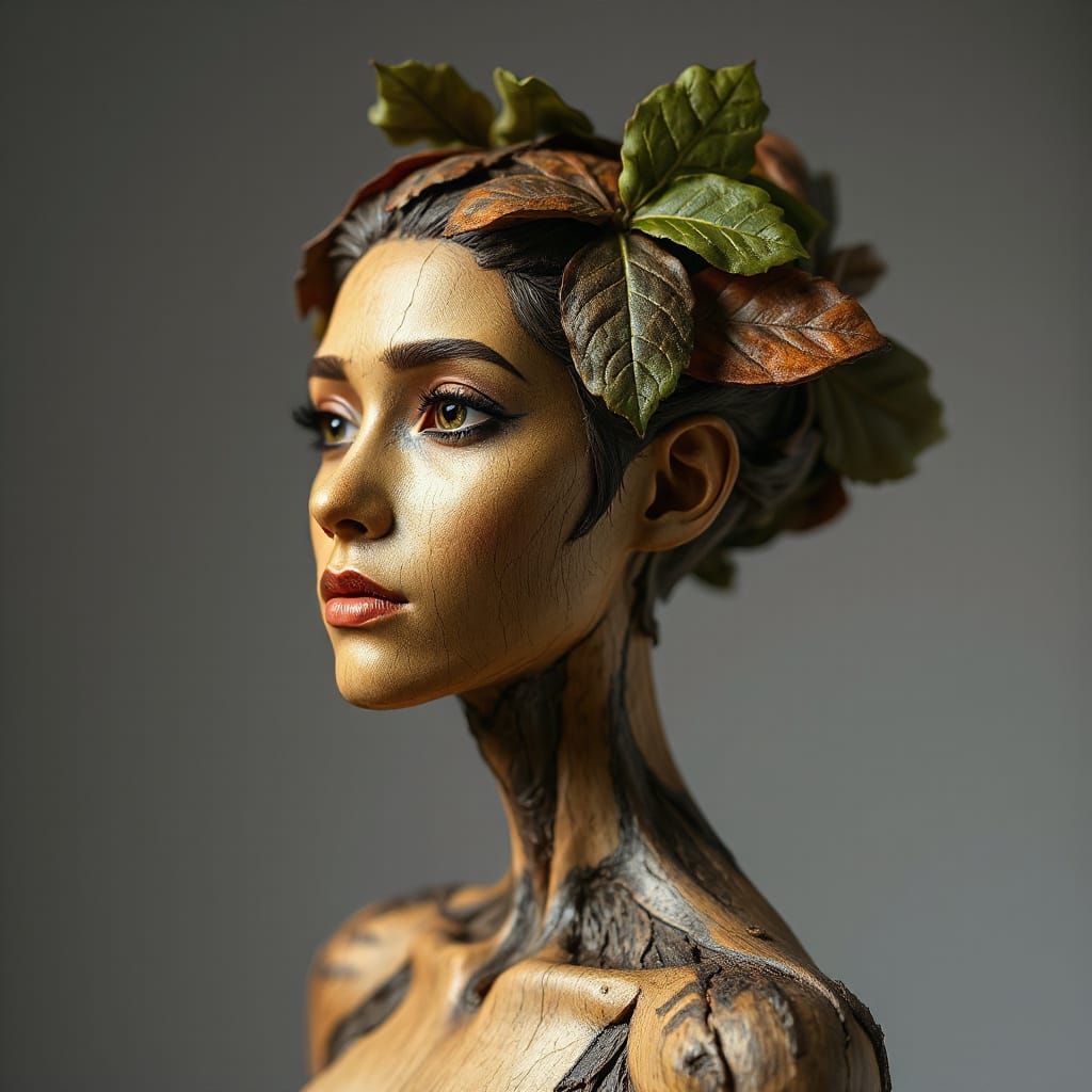 Wooden Woman with Leaf Hair in Anime Style