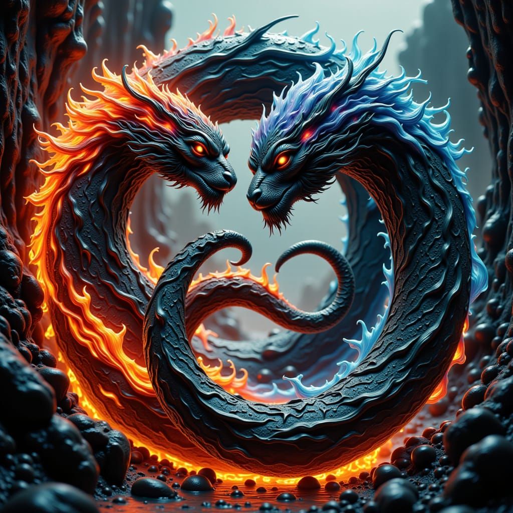 Yin Yang Water & Fire Creatures in Biomechanical Style