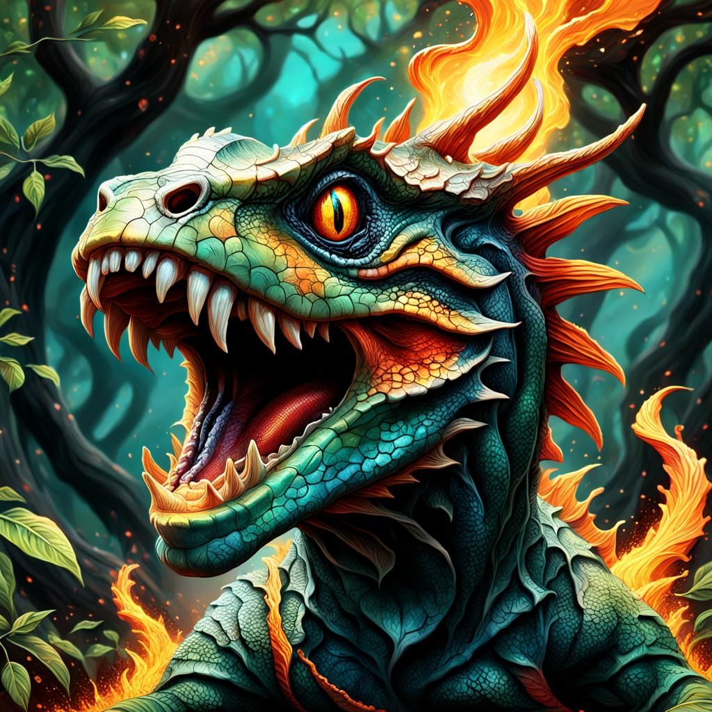 Basilisk Tooth Entwined Around Fiery Tree: Hyperrealistic Ar...