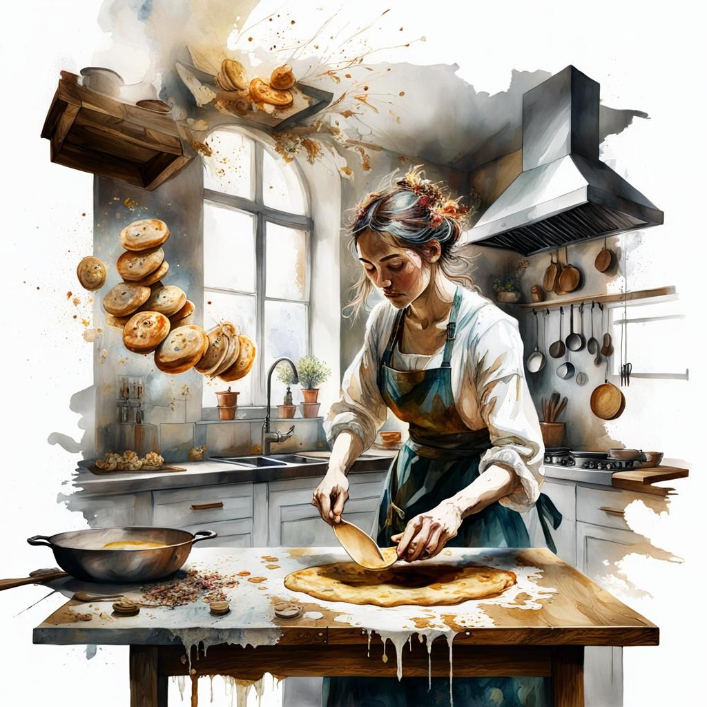 Kitchen Scene with Girl in Digital Watercolor Style