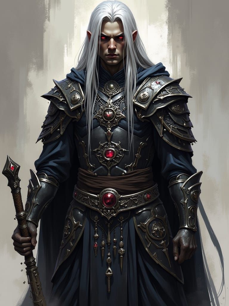 Drow Cleric in Dark Armor with White Hair