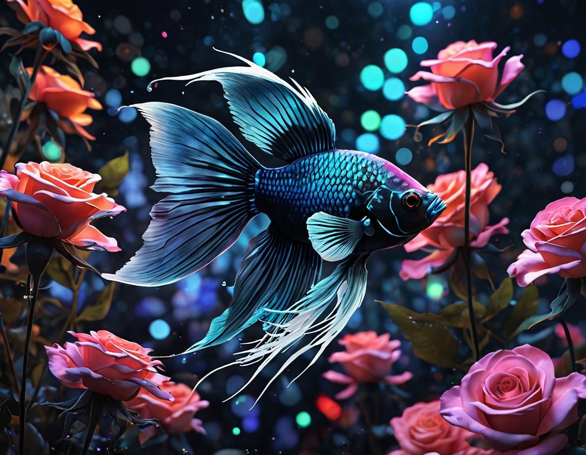 Holographic Betta Fish in Black and White Watercolor