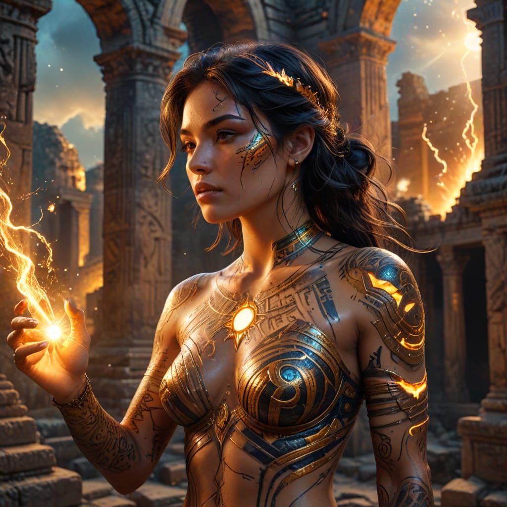 Woman with Glowing Celestial Tattoos in Ancient Ruins