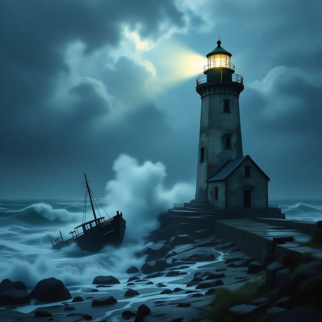 Lighthouse Against Stormy Sea in Surreal Realism Style