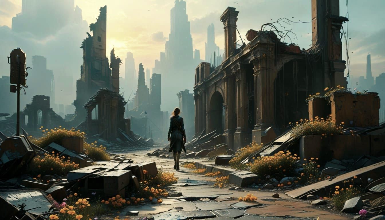 Post-Apocalyptic City Ruins: Nature's Peaceful Bloom
