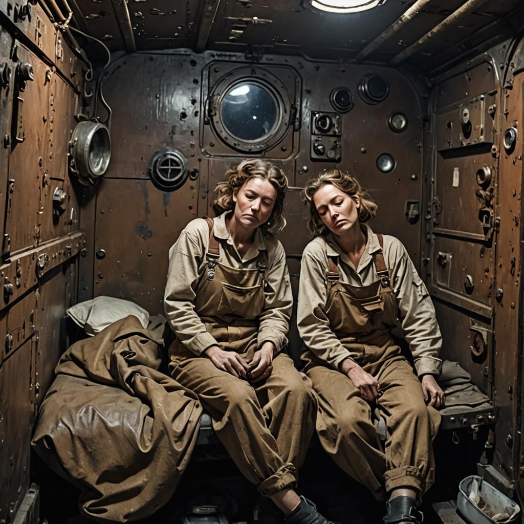 Exhausted Workers Sleeping in Space Freighter Brig