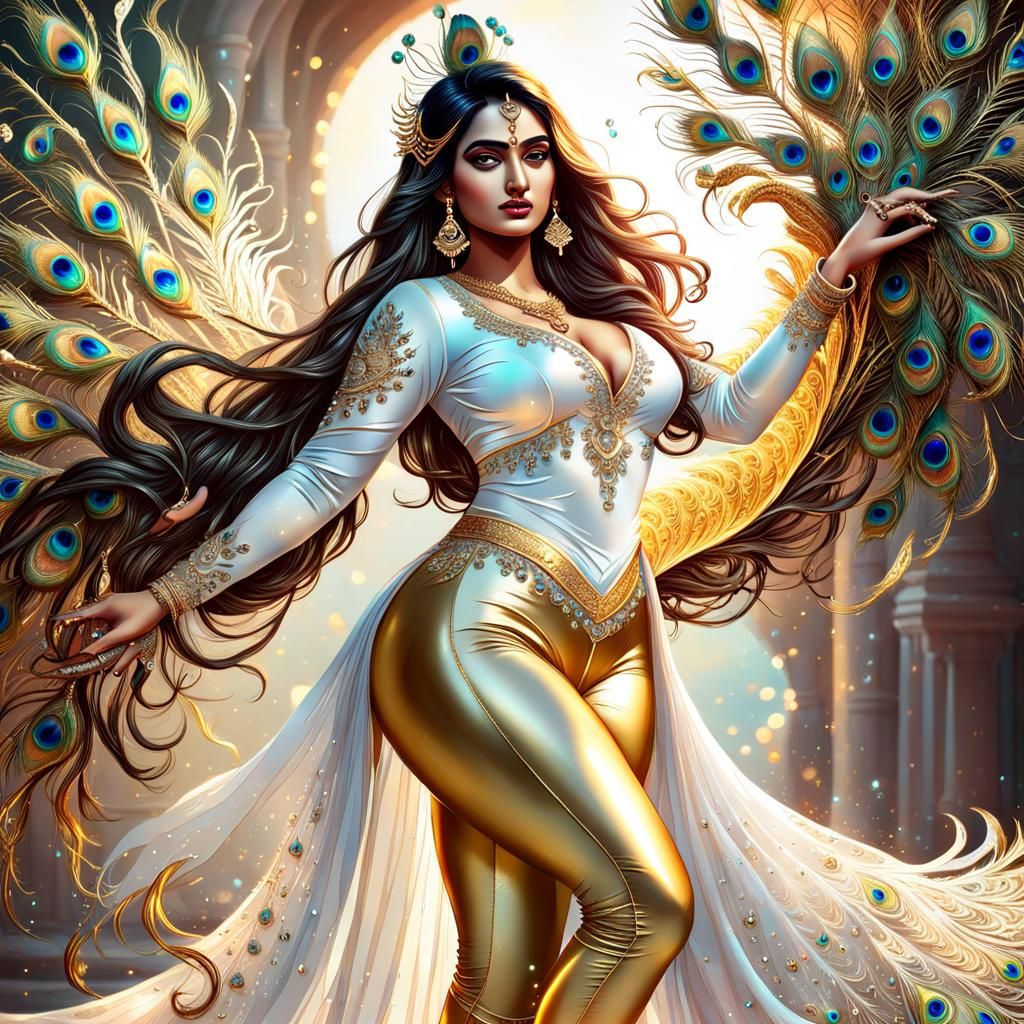 Fantasy Indian Women with Peacock in Splash Art Style