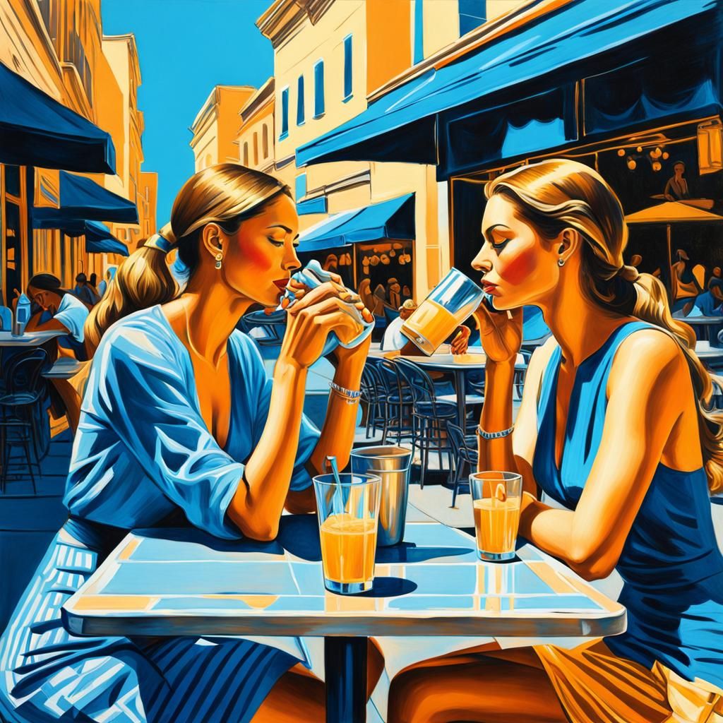 Sidewalk Cafe Scene with Two Women, Vivid Colors