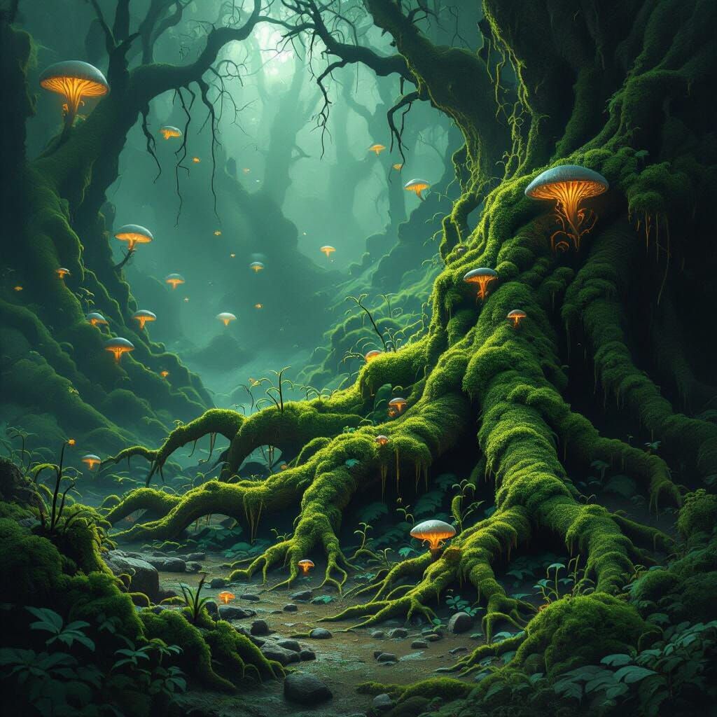 Dark Fantasy Fractal Roots with Eerie Bioluminescence