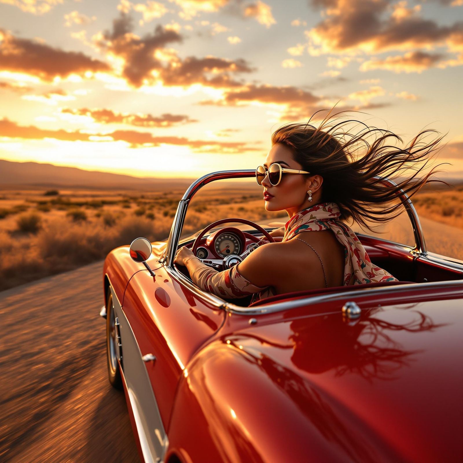 Elegant Woman Speeds 1958 Corvette into Sunset Amidst Rollin...