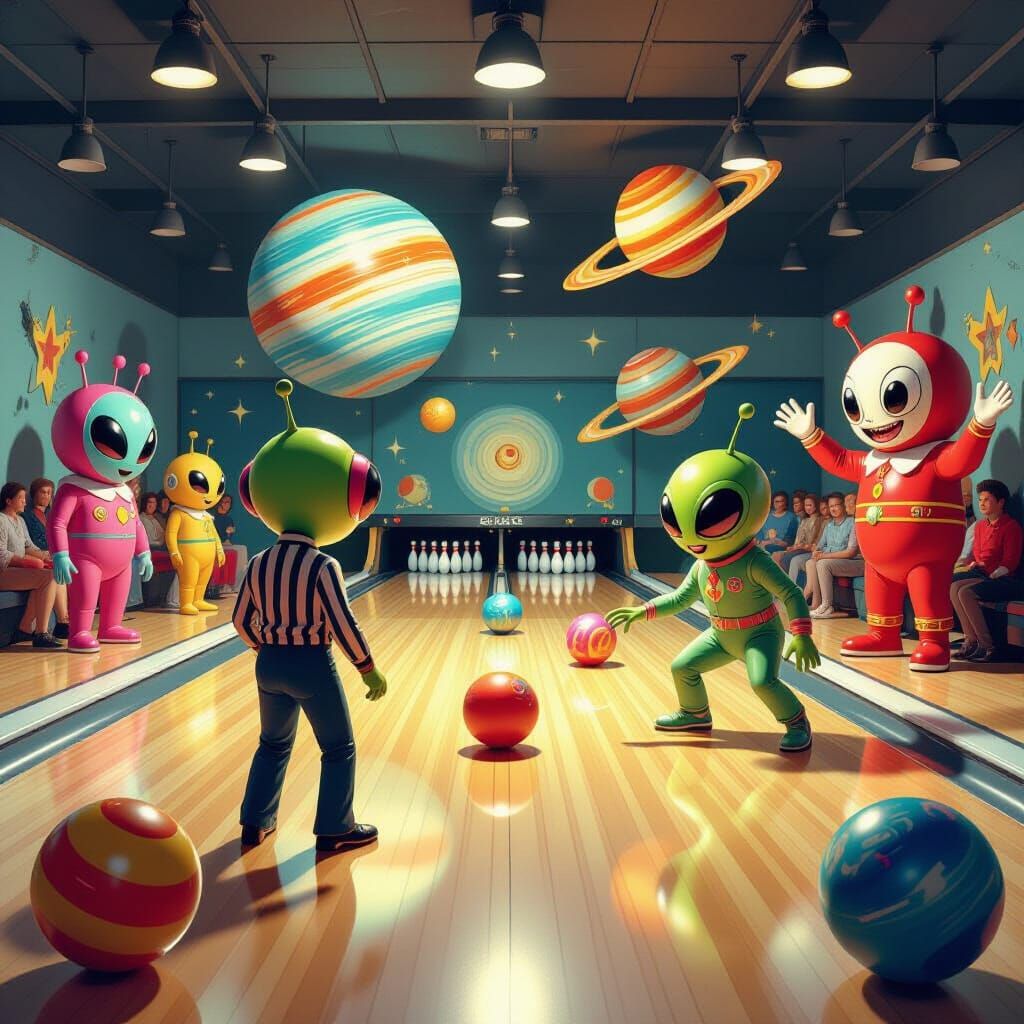 Surreal 1970s Bowling Alley with Cartoon Aliens