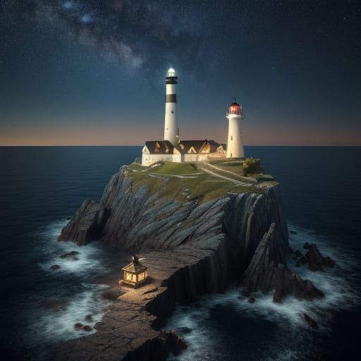 a lighthouse on a rocky coast, shining a light against a sta...