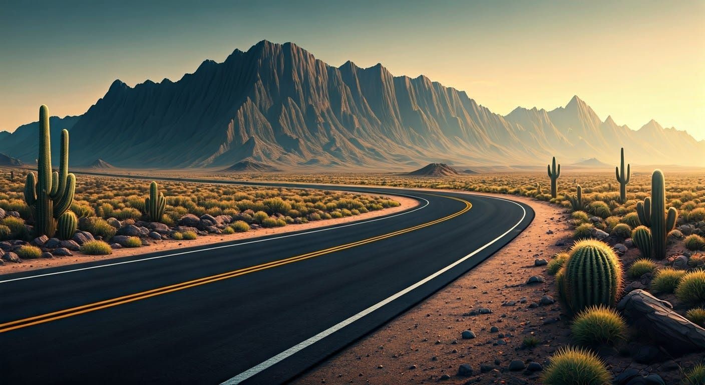 Vast Desert Highway Unfolds Across Majestic Mountain Range