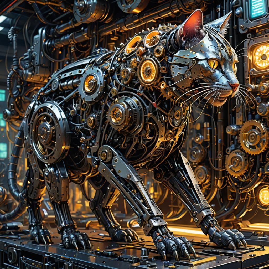 Mechanical Cyber Cat Hunting Rat in Cyberpunk Style