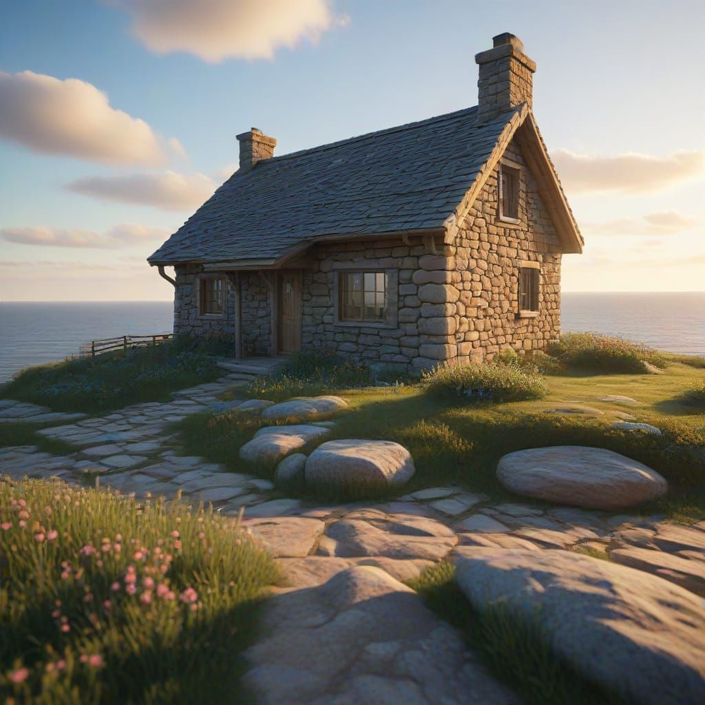 Stone and Wood Cottage at Dawn on a Promontory