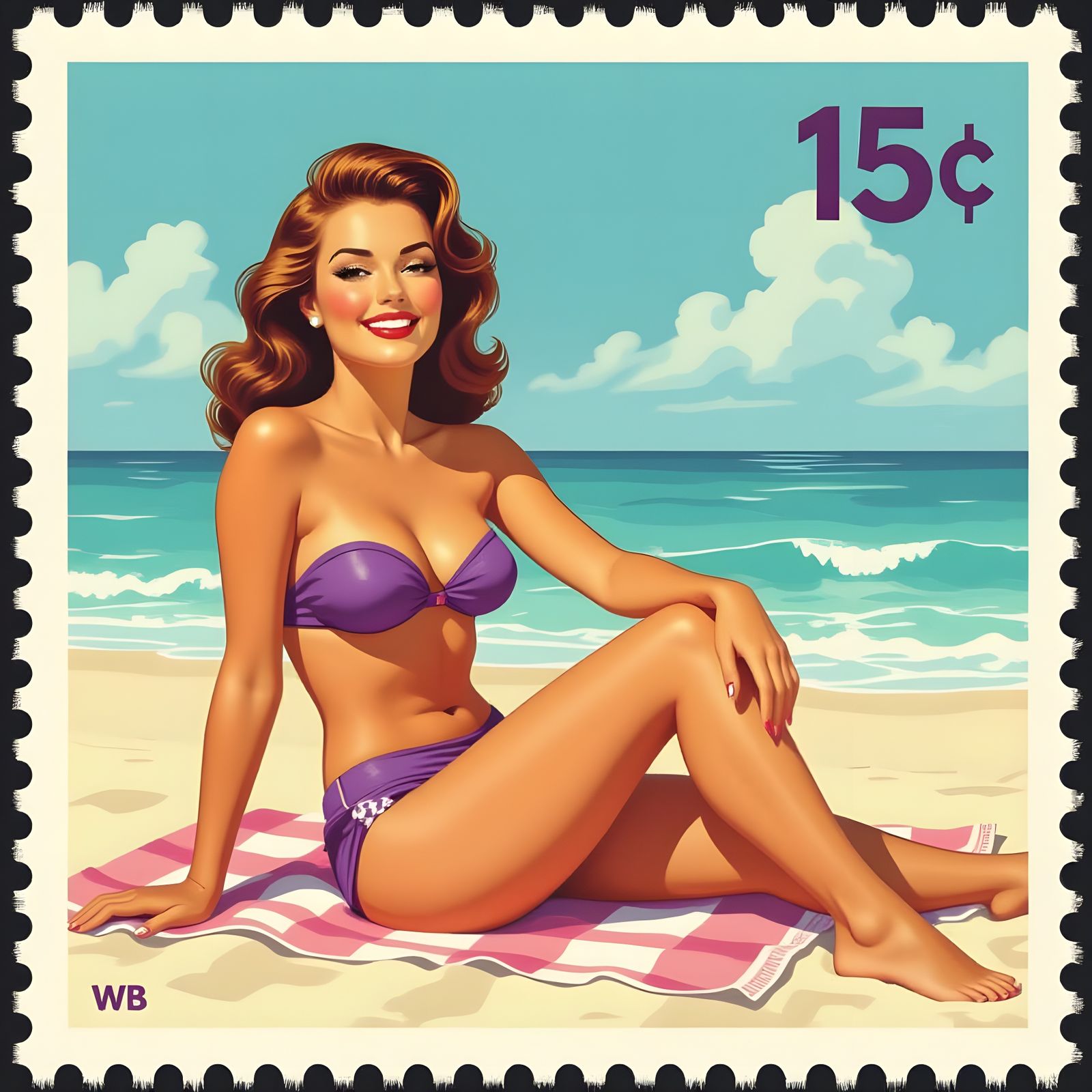 Pin-Up Girl on Beach as Vintage Postage Stamp