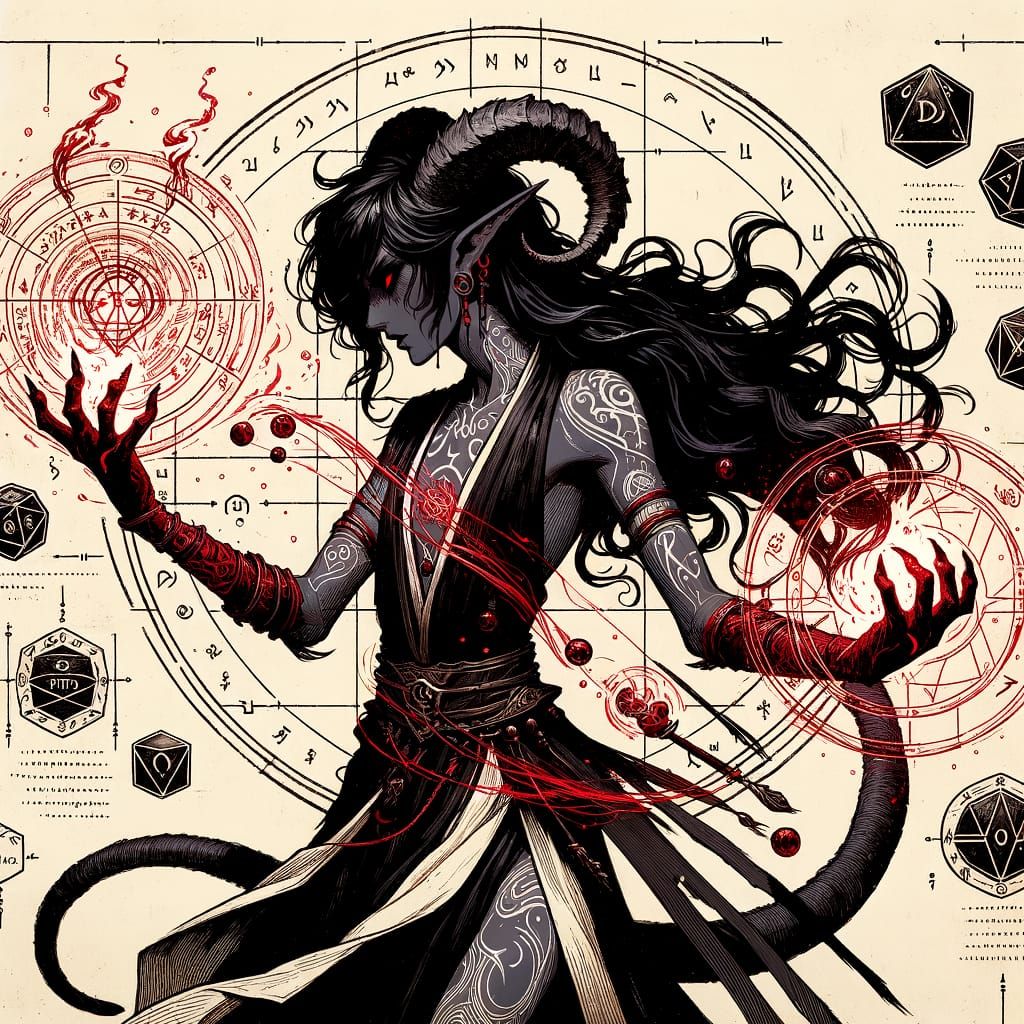Dark Fantasy Sketch of a Tiefling Sorcerer in Golden Ratio C...