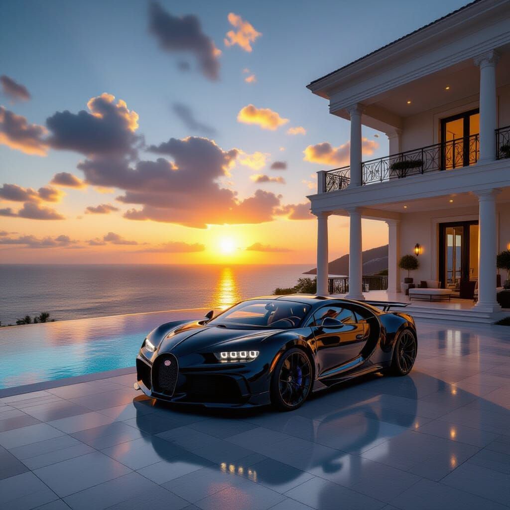 Neoclassical Mansion with Infinity Pool and Bugatti at Sunse...