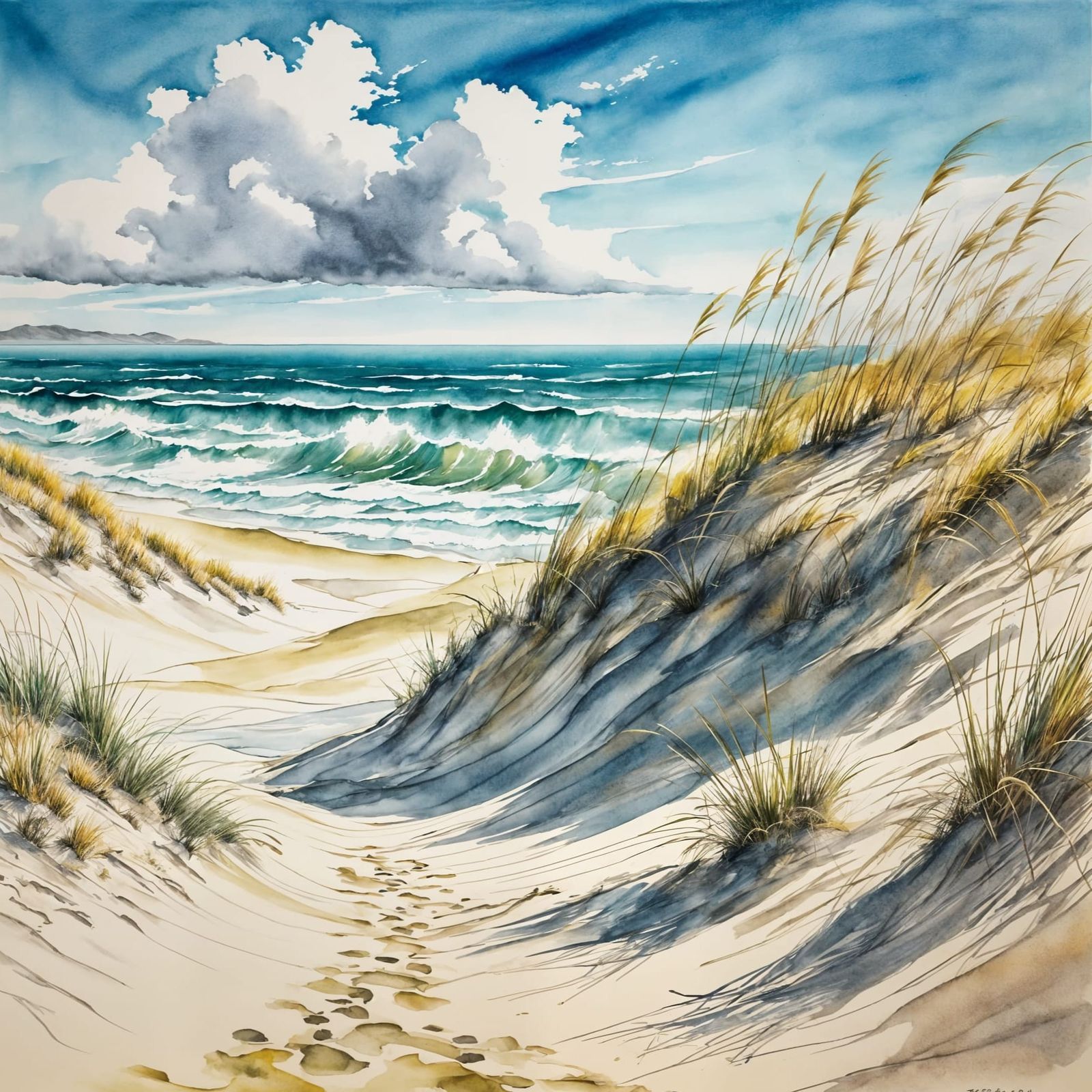 Coastal Scene: Watercolor Painting in Ink Style
