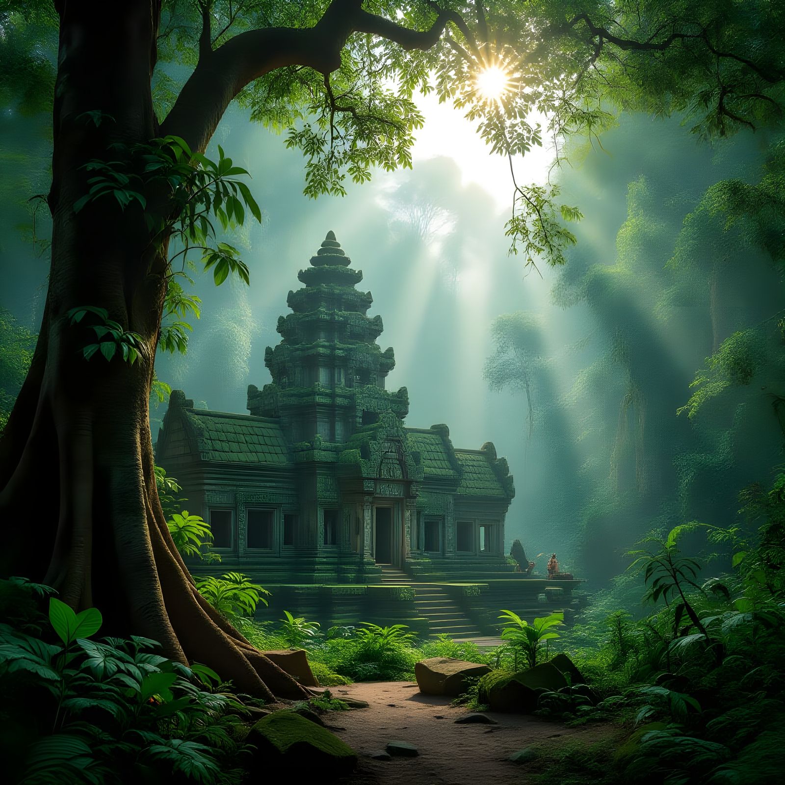 Mystical Forest Temple in Sunlight