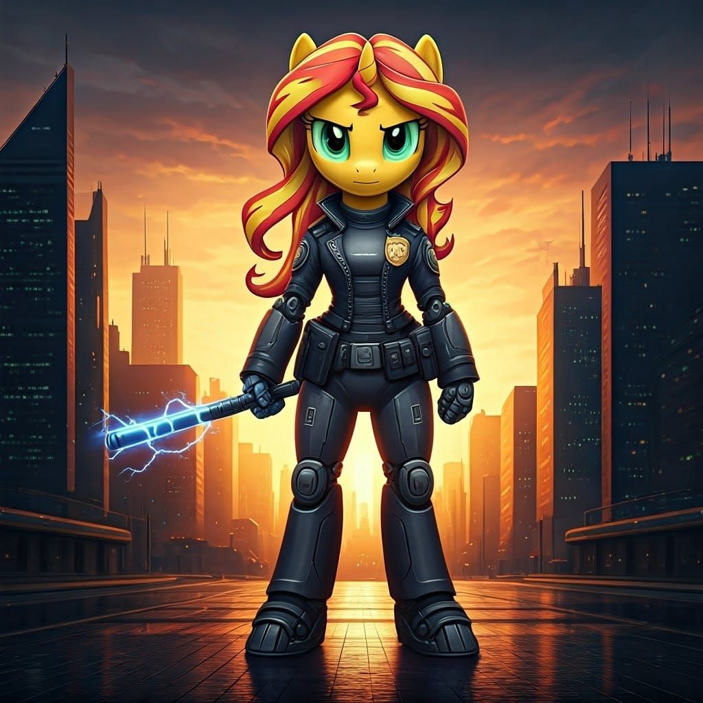 Cyberpunk Sunset Shimmer: Futuristic Police Pony in Dystopia...