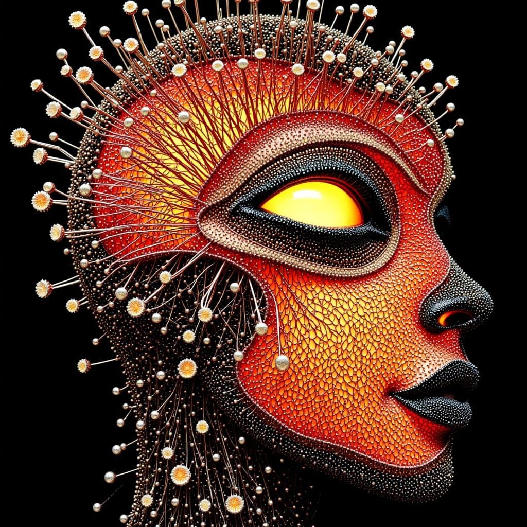 Intricate Pin Sculpture Mask with Sunset Rays