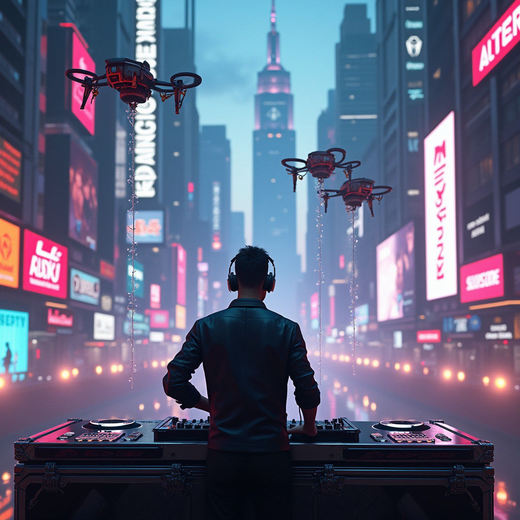 DJ Flex in Dystopian Cyberpunk Metropolis