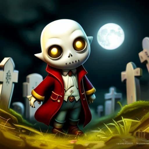 Chibi Ghost in Haunted Graveyard, Watercolor Art