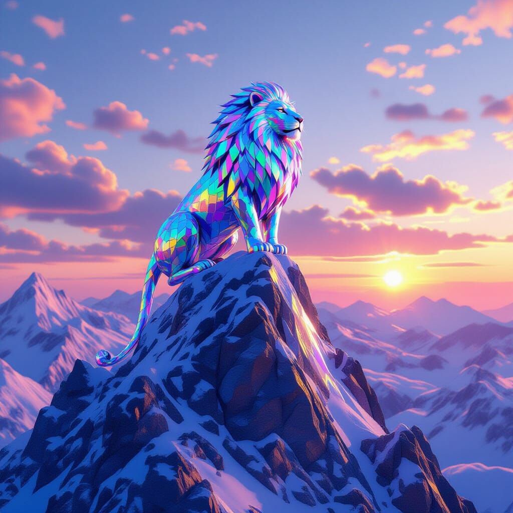 Iridescent Lion on Crystal Mountain in 3D Anime Style