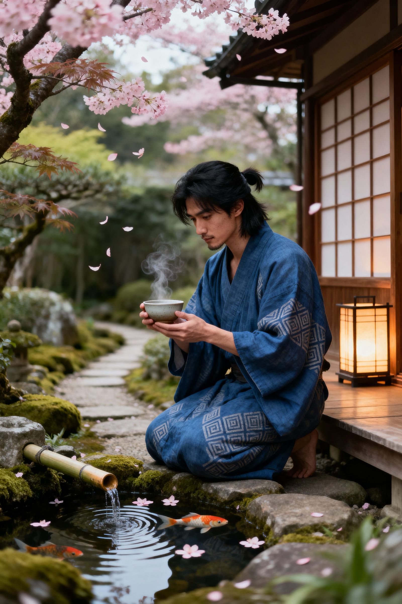 Contemplative Japanese Man in Cherry Blossom Garden