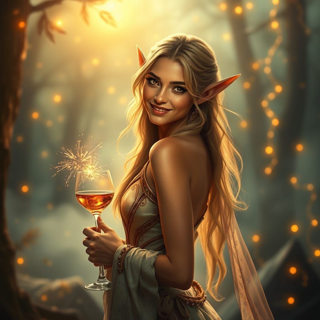 Beautiful Elven Woman Celebrating New Year's in Fantasy Worl...