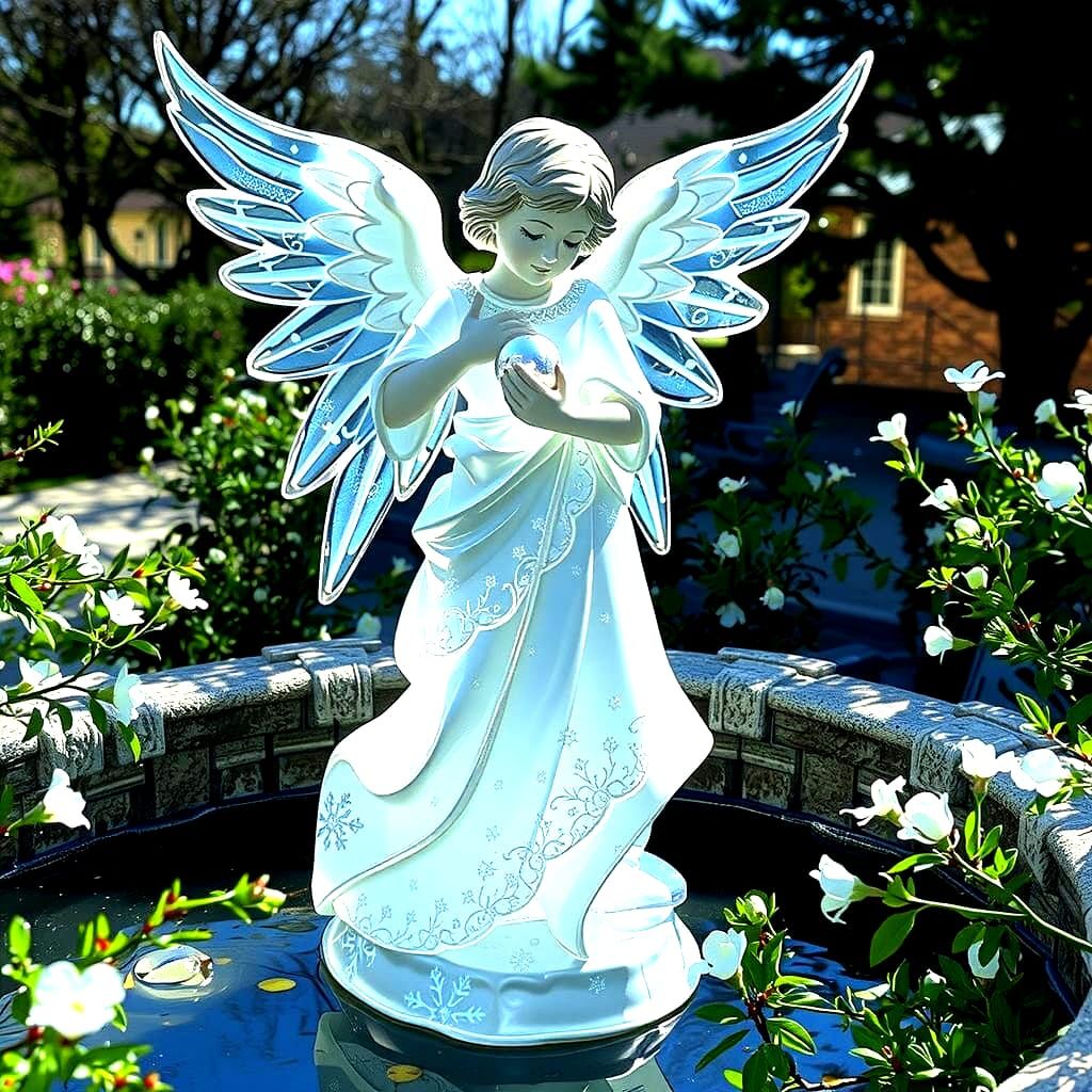 Melting Ice Cupid Statue in Garden Fountain