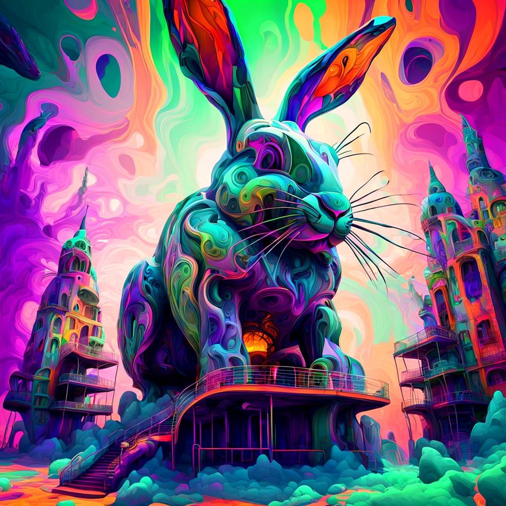 Psychedelic Rabbits in Surreal Abstract Architecture