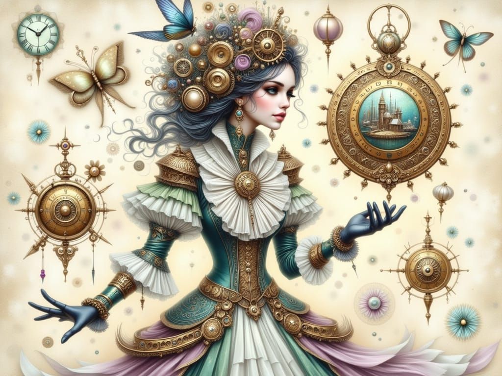 Ethereal Steampunk Goddess in Art Brut Style