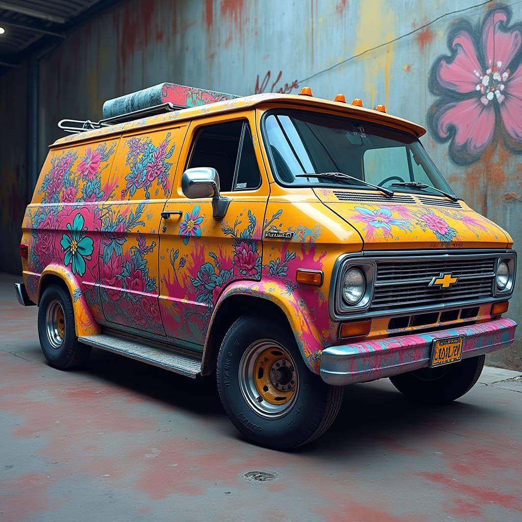 Vibrant 1970s Chevy Van Mural in Tattoo Style
