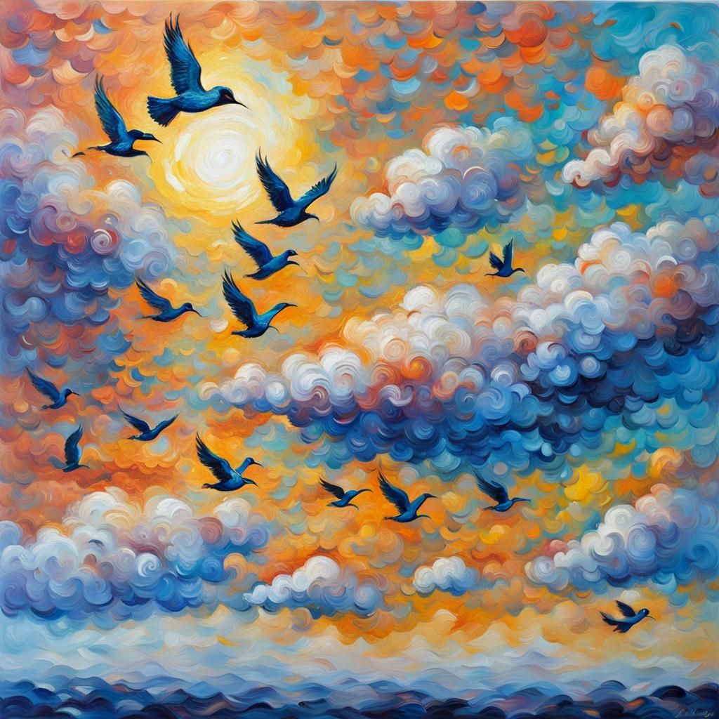 Birds in Flight: Neo-Impressionist Oil Painting